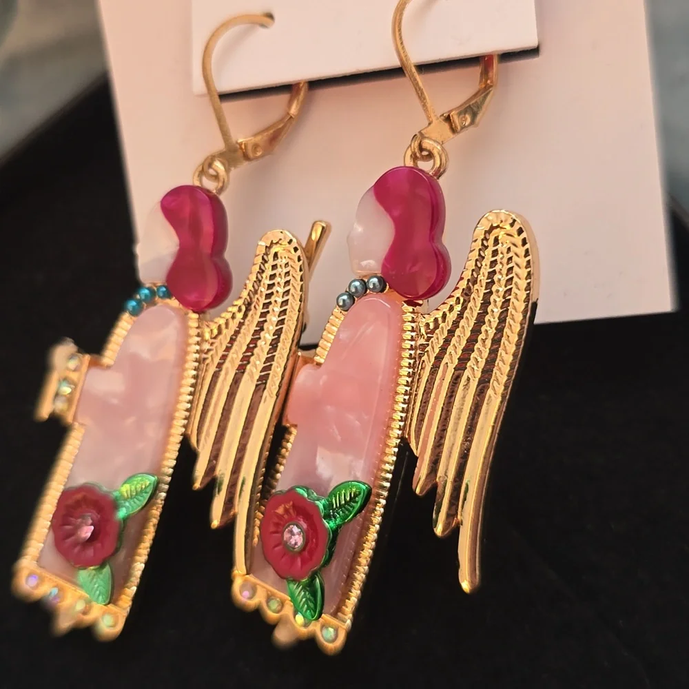 Betsey Johnson Gold-Tone Pink Floral Wing Drop Earrings with Magenta Accents